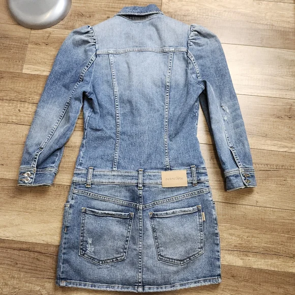 Retrofete Sibi dress Bailey distressed denim mini jean puff sleeves women's xs - Picture 13 of 17